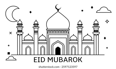 A minimalist line art illustration of a grand mosque with crescent moon and minarets. Ideal for Eid, Ramadan, greeting cards, posters, and Islamic-themed designs.