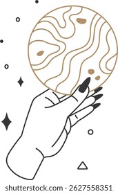 Minimalist line art illustration of a hand with black nails holding a planet with craters, valleys and some stars and geometric shapes around it