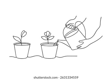 Minimalist line art illustration of a hand watering a plant to encourage growth