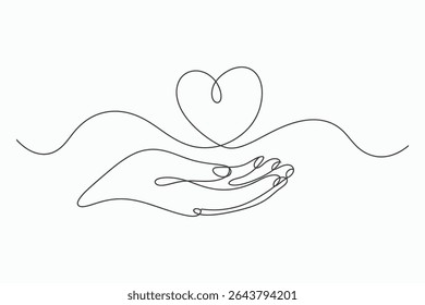 Uma ilustração de arte minimalista em linha de uma mão suavemente carregando um coração, simbolizando cuidado, amor e apoio. O desenho de linha única é elegante e versátil, perfeito para várias aplicações de design.