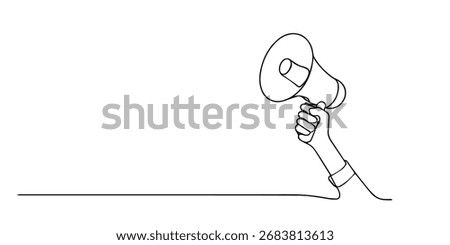 Minimalist line art illustration of a hand holding a megaphone, symbolizing communication, announcement, marketing, leadership, protest, activism, public speaking, and spreading messages.