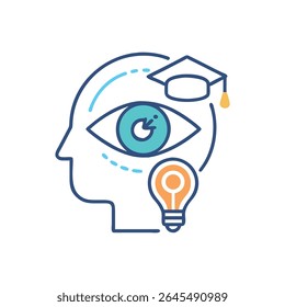 Ilustração minimalista da arte da linha de um perfil da cabeça contendo um olho, lâmpada e boné de graduação, simbolizando aprendizagem e inovação.