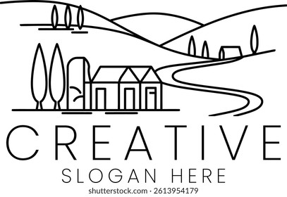 Minimalist line art illustration of a house in a rural landscape. Perfect for branding and design