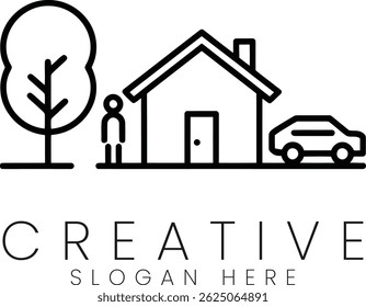 Minimalist line art illustration of a house tree person and car. Perfect for various design
