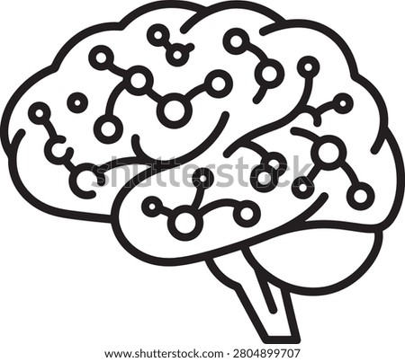 A minimalist line art illustration of a human brain integrated with interconnected network nodes, symbolizing machine learning, data processing, cognitive computing, and advanced artificial intelligence technology concepts for design.