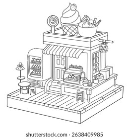Minimalist line art Illustration of isometric ice cream shop. coloring pages for kids and adult
