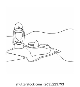 Minimalist line art illustration of a lantern bowl and an egg on a blanket