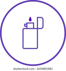 Minimalist Line Art Illustration of a Lighter with Flame in Circular Frame