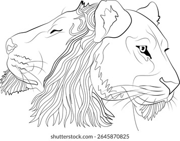 Minimalist line art illustration of lion and lioness heads profile view, abstract animal graphic design element.