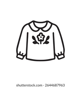 A minimalist line art illustration of a long sleeved blouse with a floral pattern in the center and a rounded collar design.