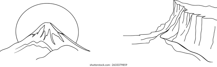 Minimalist line art illustration of majestic mountains featuring scenic landscapes and nature