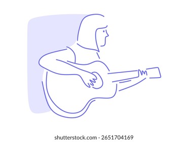 minimalist line art illustration of a man playing a guitar, capturing musical expression, creativity, and acoustic performance.