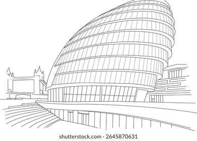 Ilustração minimalista da arte da linha da arquitetura moderna da prefeitura de Londres e a silhueta icônica da ponte da torre em contorno preto e branco, desenho do marco urbano do Reino Unido para projetos de design