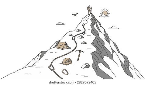 Minimalist line art illustration of a mountain peak featuring a climber at the summit with outdoor gear including a tent, climbing rope, ice axe, carabiners, and safety helmet.