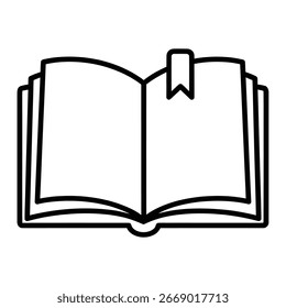 A minimalist line art illustration of an open book with a bookmark, ideal for representing reading, education, and literature. Isolated on white background, simple and clean design.