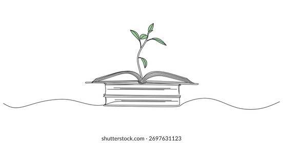 Ilustração minimalista de um livro aberto com uma planta verde brotando de suas páginas, simbolizando crescimento, conhecimento, educação e sustentabilidade	