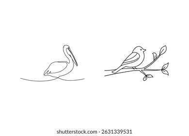 Minimalist line art illustration of pelican and bird perched on a branch isolated