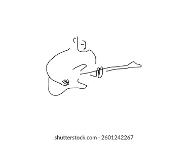 Minimalist line art illustration of a person playing the guitar, drawn with simple and elegant strokes.