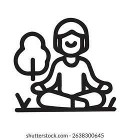 A minimalist line art illustration of a person meditating outdoors surrounded by nature. Symbolizes wellness relaxation and peacefulness.