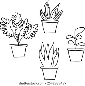 Minimalist line art illustration of potted houseplants, showcasing various unique plant shapes and textures. Perfect for decor, botanical designs, and minimalist art projects