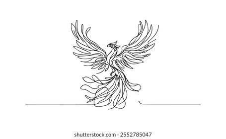 Minimalist line art illustration of a regal falcon standing tall with outstretched wings, exuding confidence and strength against a clean white background.