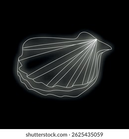Minimalist line art illustration of a scallop shell glowing white on a black background