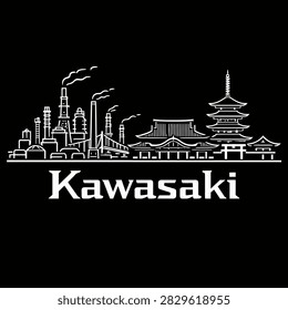 A minimalist line art illustration showcasing the unique blend of industrial factories and traditional temples in Kawasaki, Japan.