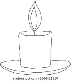 Minimalist line art illustration of a single burning candle on a round plate, perfect for themes of peace, meditation, celebration, remembrance, and spiritual ambiance design.