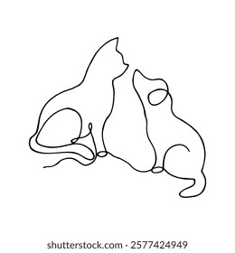 Minimalist line art illustration of a sitting cat and dog facing each other. Black outline on a white background. Pet friendship and companionship concept. Design for greeting cards, posters.