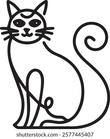 A minimalist line art illustration of a sitting cat with a curved tail.