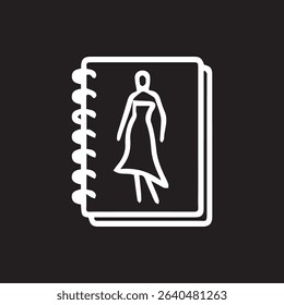 A minimalist line art illustration of a sketchbook with a dress design inside symbolizing fashion designing and creative inspiration for fashion industry