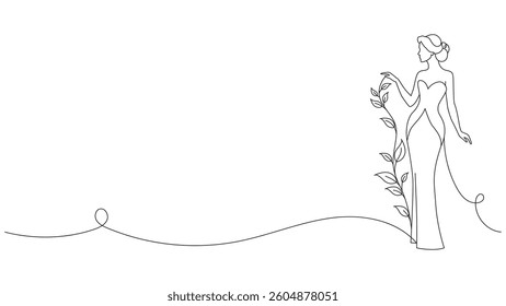 A minimalist line art illustration of a slender woman in a gown, accented with delicate leaves. The flowing line work creates a sense of elegance and ethereal beauty. Ideal for fashion, beauty.