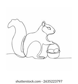 Minimalist line art illustration of a squirrel holding a basket of eggs with delicate detailing