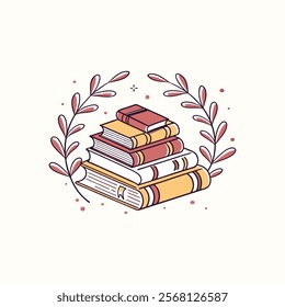 minimalist line art illustration of a stack of colorful books