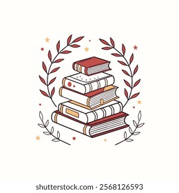 minimalist line art illustration of a stack of colorful books