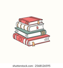 minimalist line art illustration of a stack of colorful books