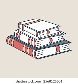 minimalist line art illustration of a stack of colorful books