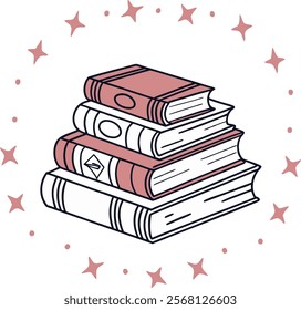 minimalist line art illustration of a stack of colorful books