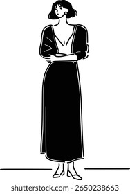 Minimalist line art illustration of a stylish woman standing with arms crossed.