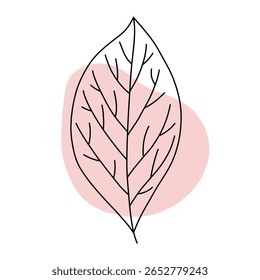 Ilustração minimalista da arte da linha de uma folha estilizada com uma forma rosa claro. Design moderno limpo, ideal para projetos elegantes calmos, temas da natureza e conceitos visuais contemporâneos.