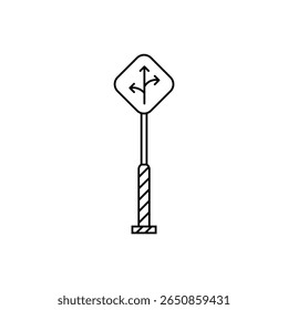Ilustração minimalista da arte em linha de um sinal de interseção de três vias, orientando decisões e caminhos.