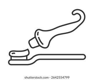 Minimalist line art illustration of toothpaste being squeezed onto a toothbrush. Represents dental hygiene, health, and daily routines. Suitable for icons, infographics, and web design.