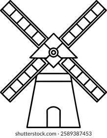 Minimalist line Art illustration of a traditional windmill with rotating blades