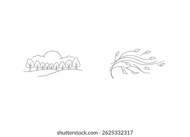 Minimalist Line Art Illustration Of Trees And Blowing Leaves Representing Wind