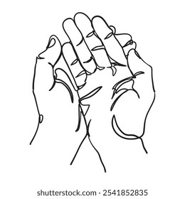 A minimalist line art illustration of two adult hands, one placed above the other, drawn with clean, flowing strokes and no color