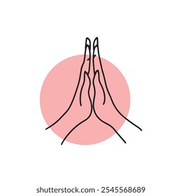 Ilustração minimalista da arte em linha de duas mãos pressionadas juntas em um gesto de oração ou gratidão, colocada contra um círculo rosa suave sobre um fundo branco