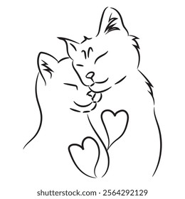 Minimalist line art illustration of two cats cuddling with heart shapes, symbolizing love, affection, and companionship.