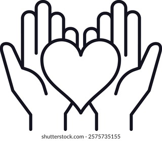 Minimalist line art illustration of two hands holding a heart, symbolizing love, care, and emotional support, perfect for charity or Valentine s Day projects