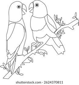 Minimalist line art illustration of two lovebirds sitting on a leafy branch, facing each other. This hand-drawn bird design is ideal for romantic themes, tattoo art, greeting cards, wedding invitation