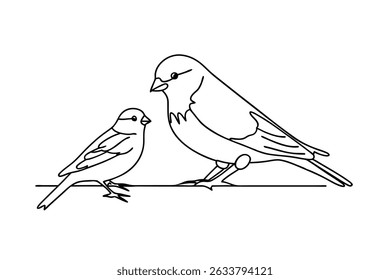Minimalist line art illustration of two birds perched on a branch against white background
